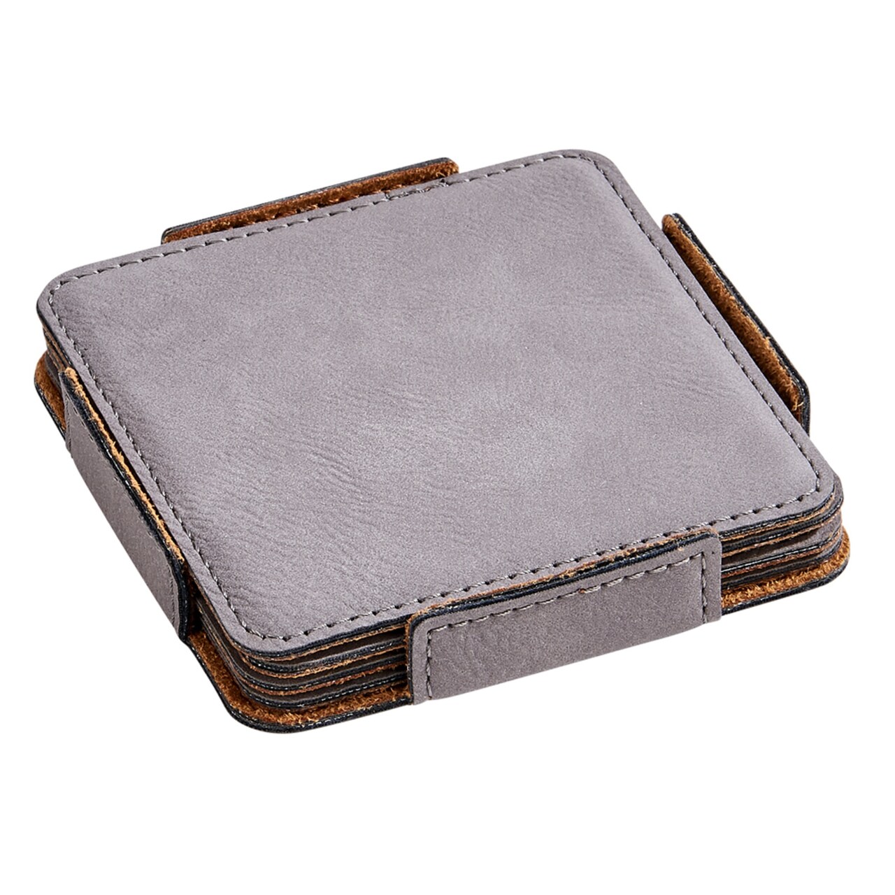 Contemporary Home Living Set of 4 Gray Leatherette Square Coasters, 4"
